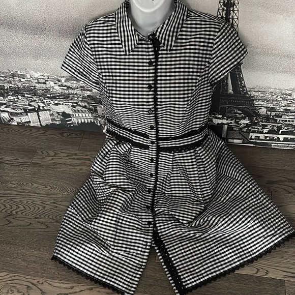 Adrianna Papell | Gingham Tafetta Lace Trim Collared Shirt Midi Dress - Picture 5 of 16